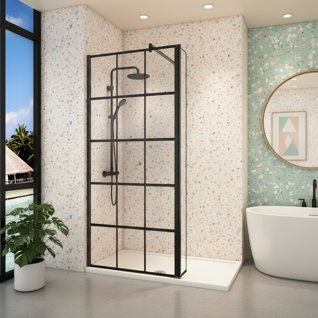 Walk-In Duschwand Schwarz 200cm | 8mm NANO Glas mit/ohne Flipper Panel 30/40cm