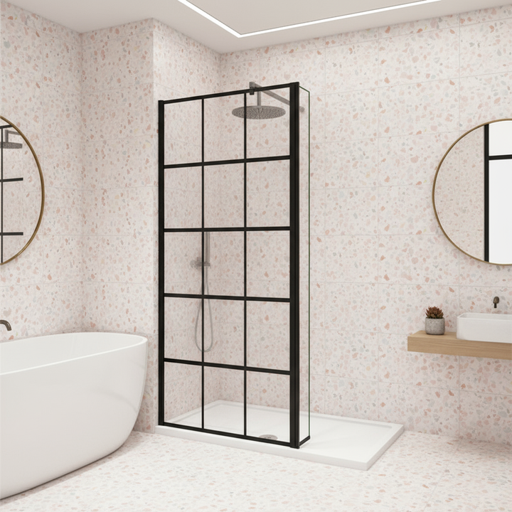 Walk-In Duschwand Schwarz 200cm | 8mm NANO Glas mit/ohne Flipper Panel 30/40cm