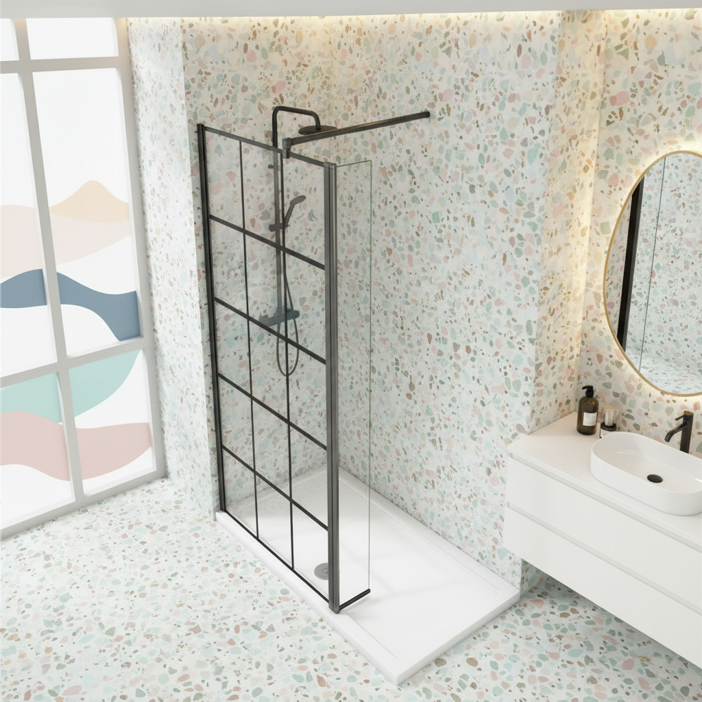 Walk-In Duschwand Schwarz 200cm | 8mm NANO Glas mit/ohne Flipper Panel 30/40cm