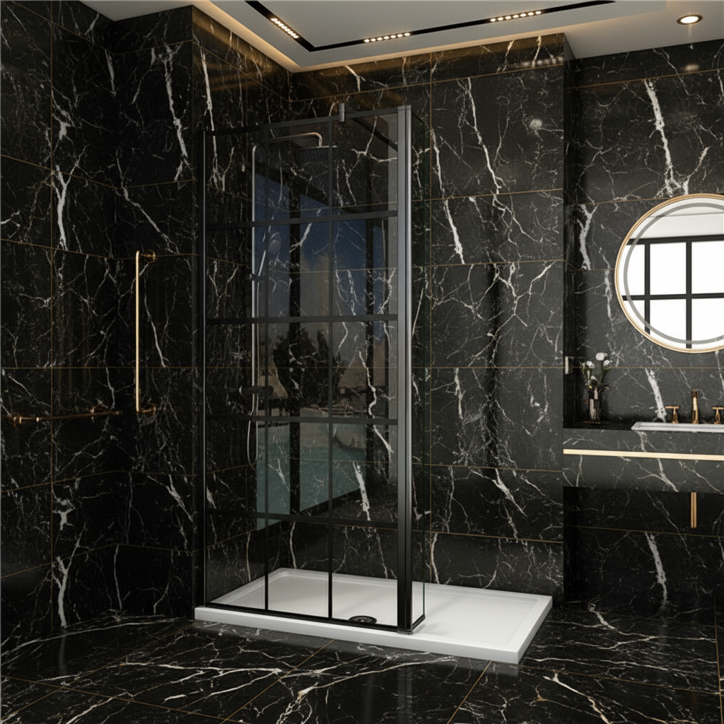 Walk-In Duschwand Schwarz 200cm | 8mm NANO Glas mit/ohne Flipper Panel 30/40cm