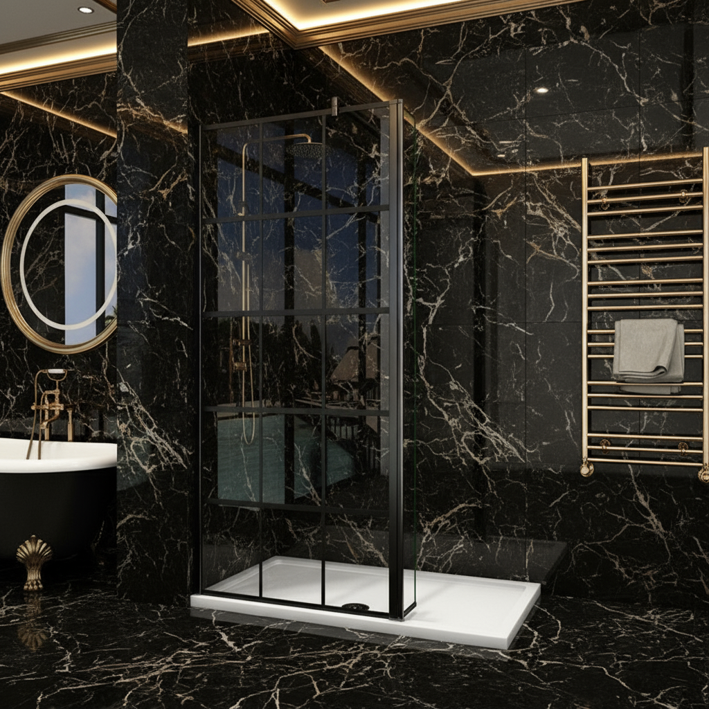 Walk-In Duschwand Schwarz 200cm | 8mm NANO Glas mit/ohne Flipper Panel 30/40cm