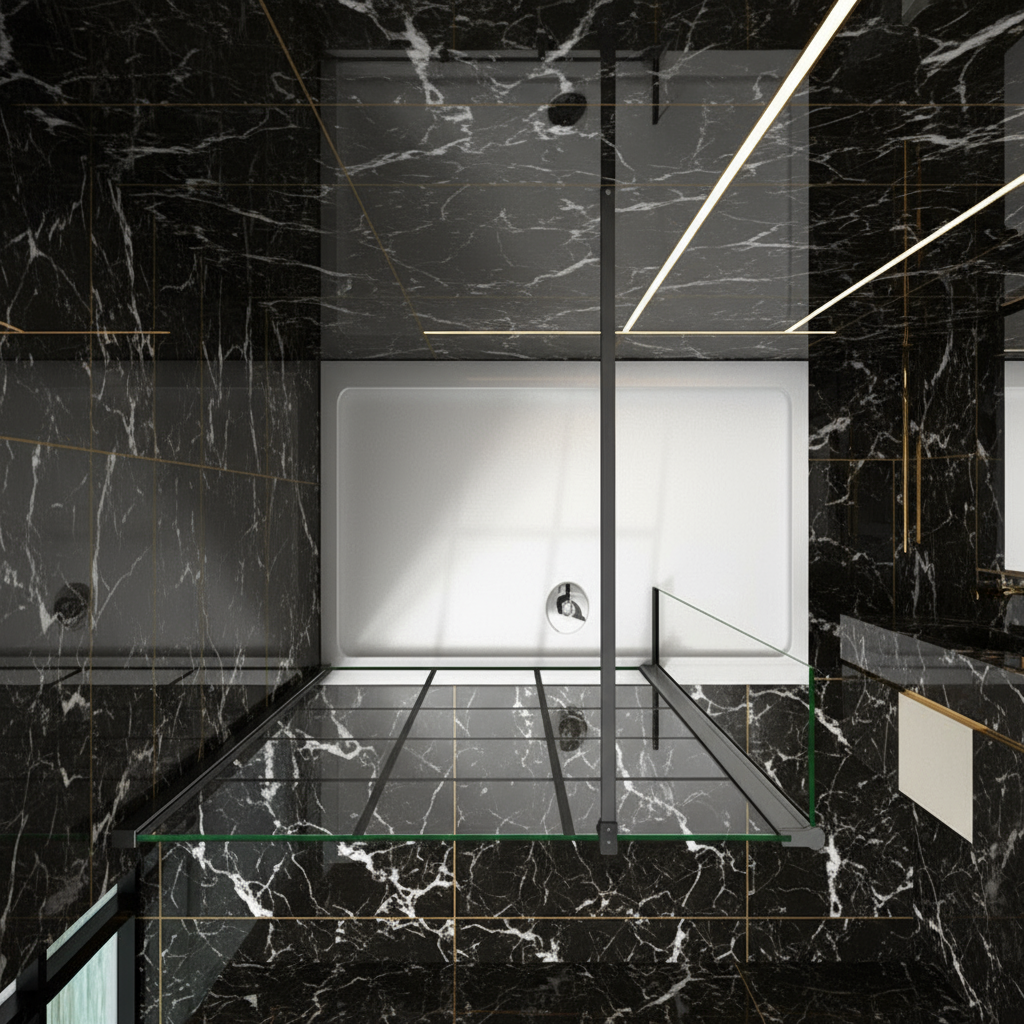 Walk-In Duschwand Schwarz 200cm | 8mm NANO Glas mit/ohne Flipper Panel 30/40cm