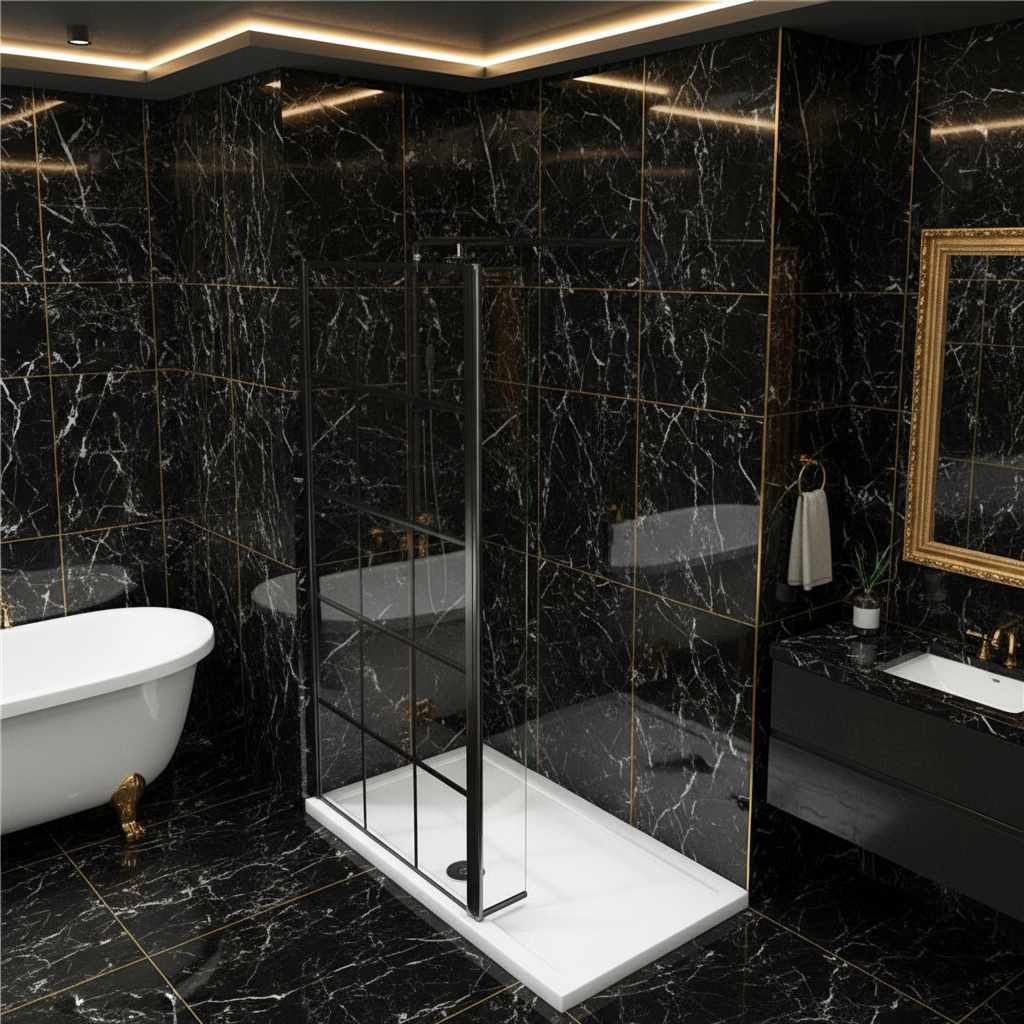 Walk-In Duschwand Schwarz 200cm | 8mm NANO Glas mit/ohne Flipper Panel 30/40cm