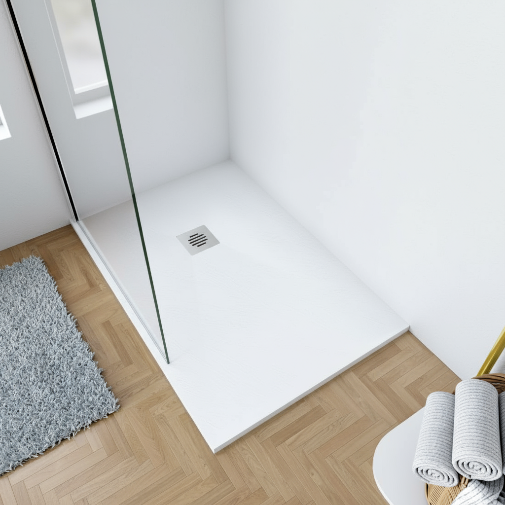 80x120cm Rechteck Duschwanne Weiß | Schiefer-Effekt Duschtasse mit Ablaufgarnitur – 30mm flach