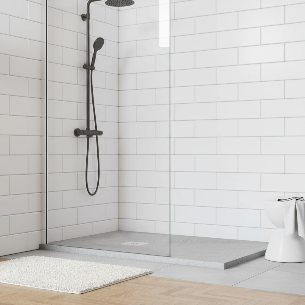 80x120cm Rechteck Duschwanne Weiß | Schiefer-Effekt Duschtasse mit Ablaufgarnitur – 30mm flach