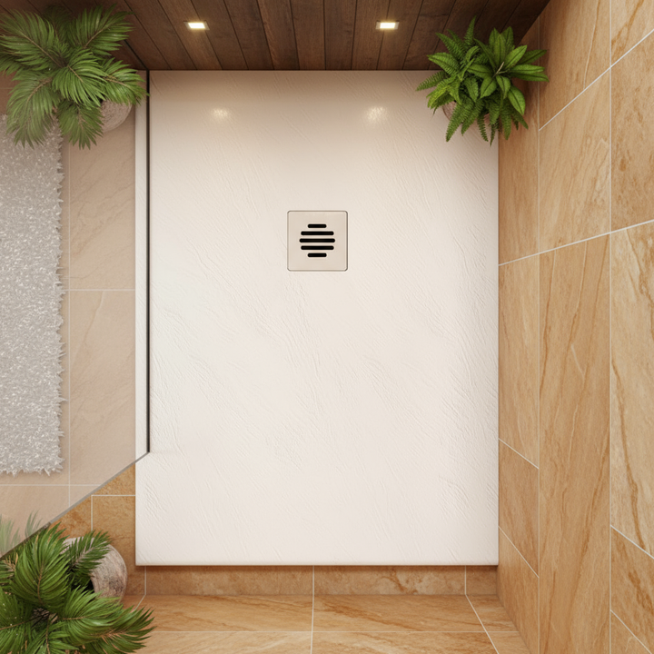 90x100cm Rechteck Duschwanne Weiß | Schiefer-Effekt Duschtasse mit Ablaufgarnitur – 30mm flach