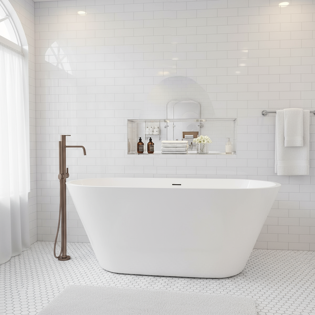 Freistehende Badewanne 150x70x58 cm – Acrylwanne Weiß mit Ab- & Überlauf