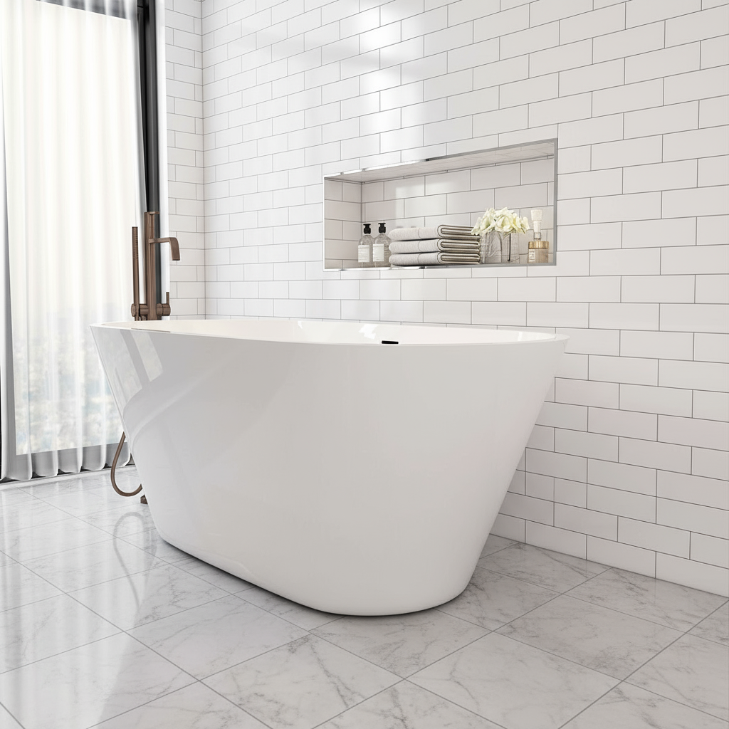 Freistehende Badewanne 150x70x58 cm – Acrylwanne Weiß mit Ab- & Überlauf