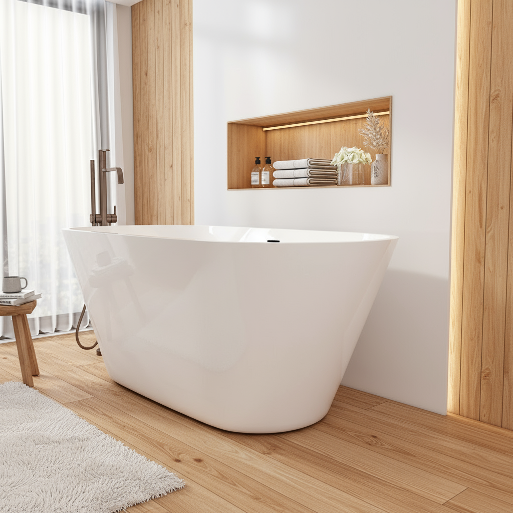 Freistehende Badewanne 150x70x58 cm – Acrylwanne Weiß mit Ab- & Überlauf