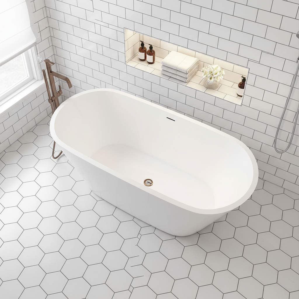 Freistehende Badewanne 150x70x58 cm – Acrylwanne Weiß mit Ab- & Überlauf