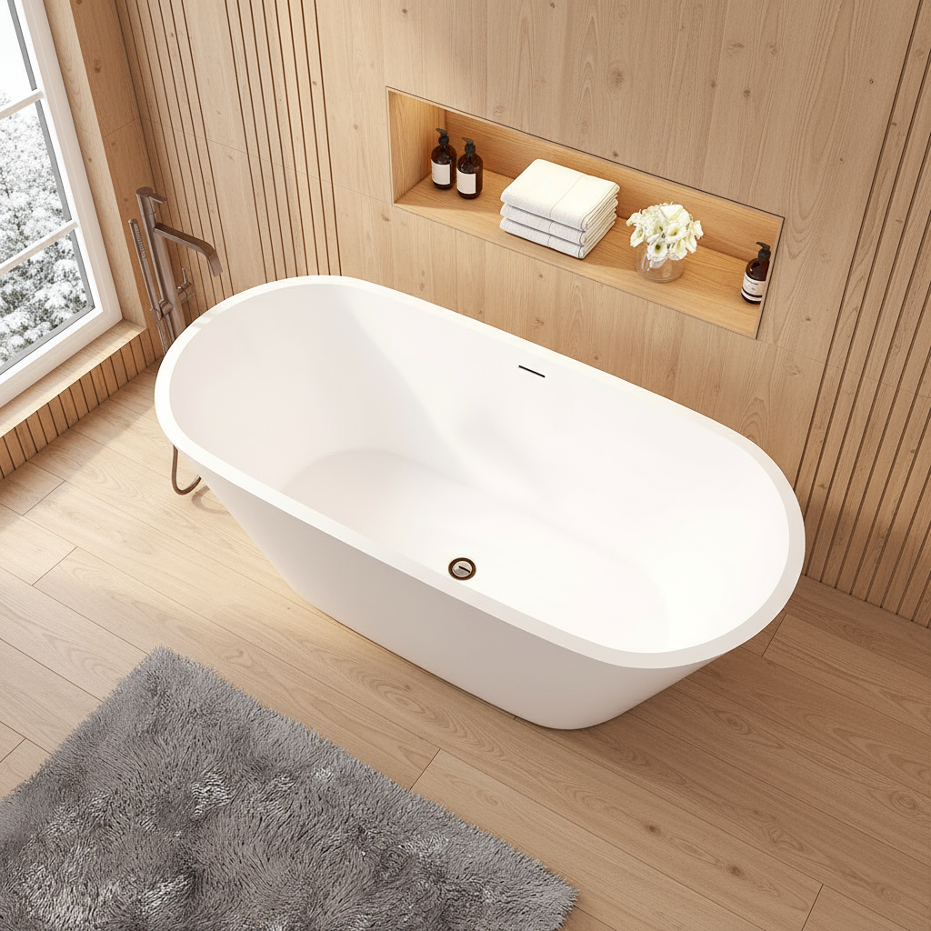 Freistehende Badewanne 150x70x58 cm – Acrylwanne Weiß mit Ab- & Überlauf