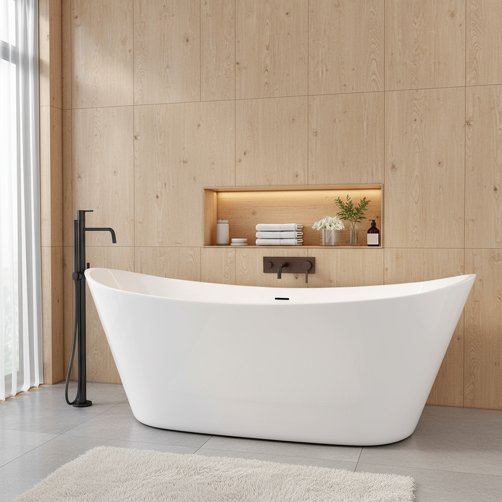 Freistehende Badewanne 170x72 cm – Oval Acrylwanne Weiß mit Ab- & Überlauf