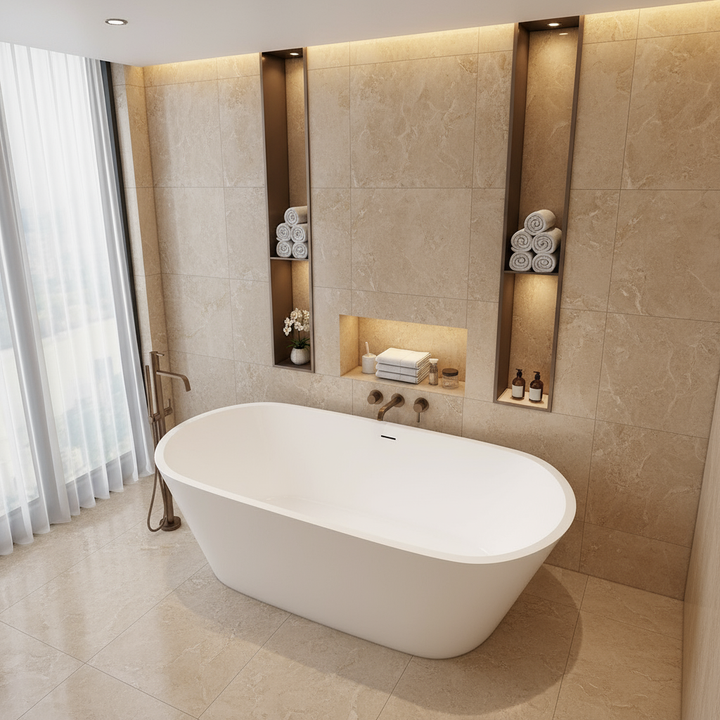 Freistehende Badewanne 170x80x58 cm – Oval Acrylwanne Weiß inkl. Ab- & Überlauf