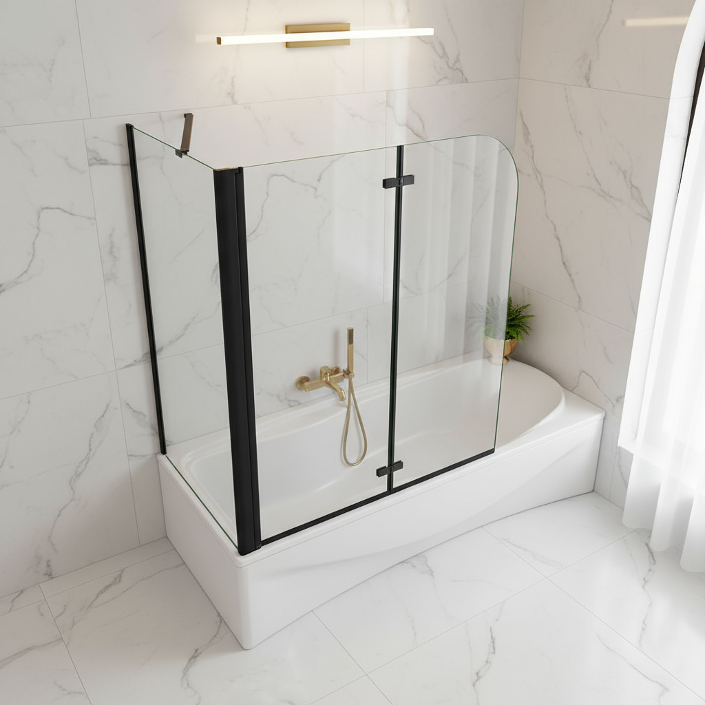 Badewannenaufsatz 2-tlg. Faltwand Duschwand 180° drehbar - Nano Glas Duschabtrennung H.140 cm mit Seitenwand – Schwarz – Sam Badelement