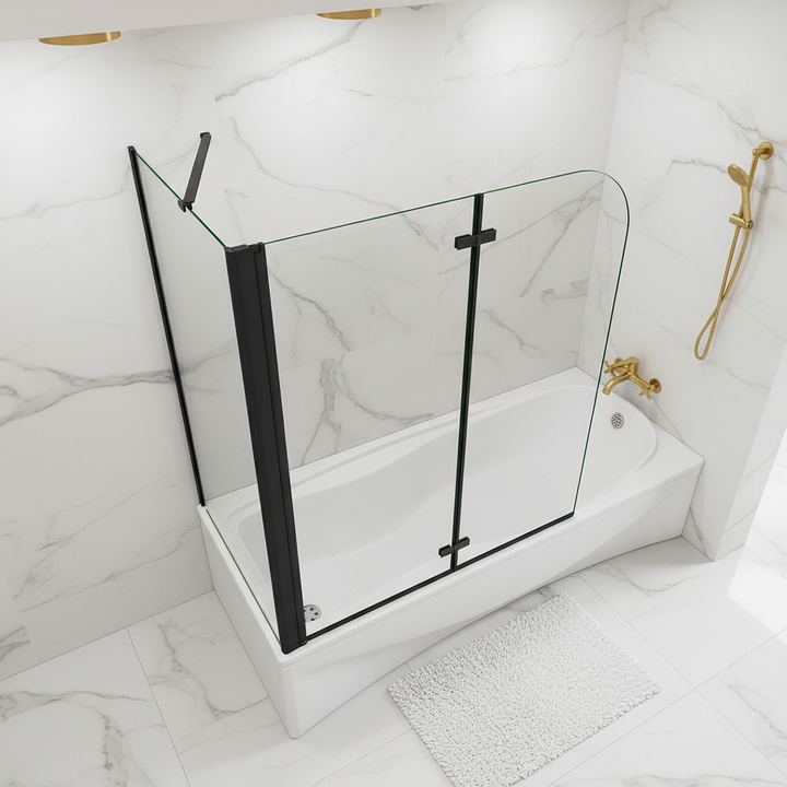 Badewannenaufsatz 2-tlg. Faltwand Duschwand 180° drehbar - Nano Glas Duschabtrennung H.140 cm mit Seitenwand – Schwarz – Sam Badelement