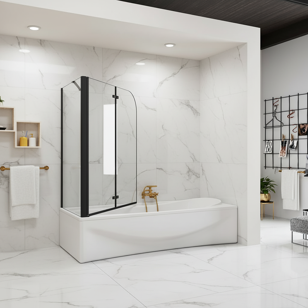 Badewannenaufsatz 2-tlg. Faltwand Duschwand 180° drehbar - Nano Glas Duschabtrennung H.140 cm mit Seitenwand – Schwarz – Sam Badelement