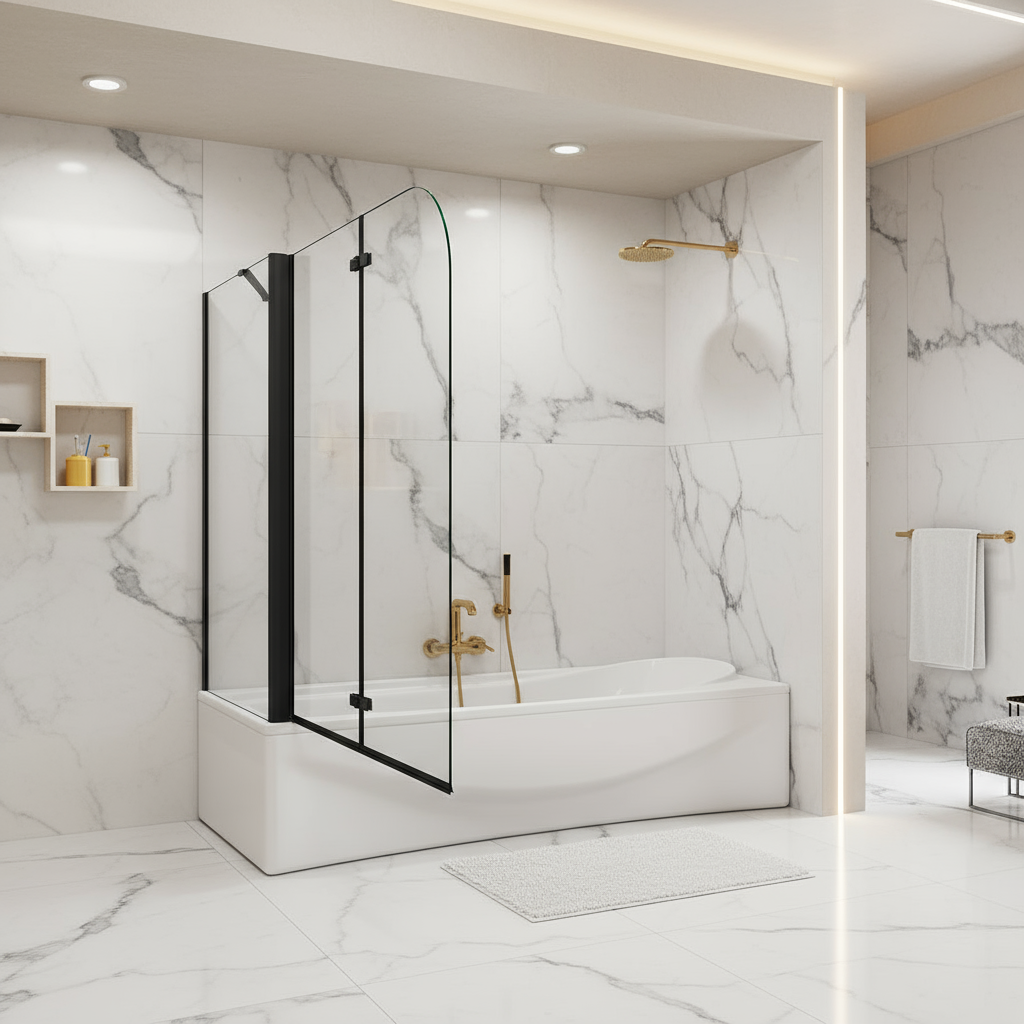 Badewannenaufsatz 2-tlg. Faltwand Duschwand 180° drehbar - Nano Glas Duschabtrennung H.140 cm mit Seitenwand – Schwarz – Sam Badelement