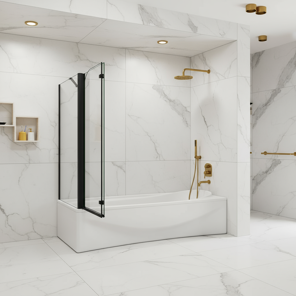 Badewannenaufsatz 2-tlg. Faltwand Duschwand 180° drehbar - Nano Glas Duschabtrennung H.140 cm mit Seitenwand – Schwarz – Sam Badelement