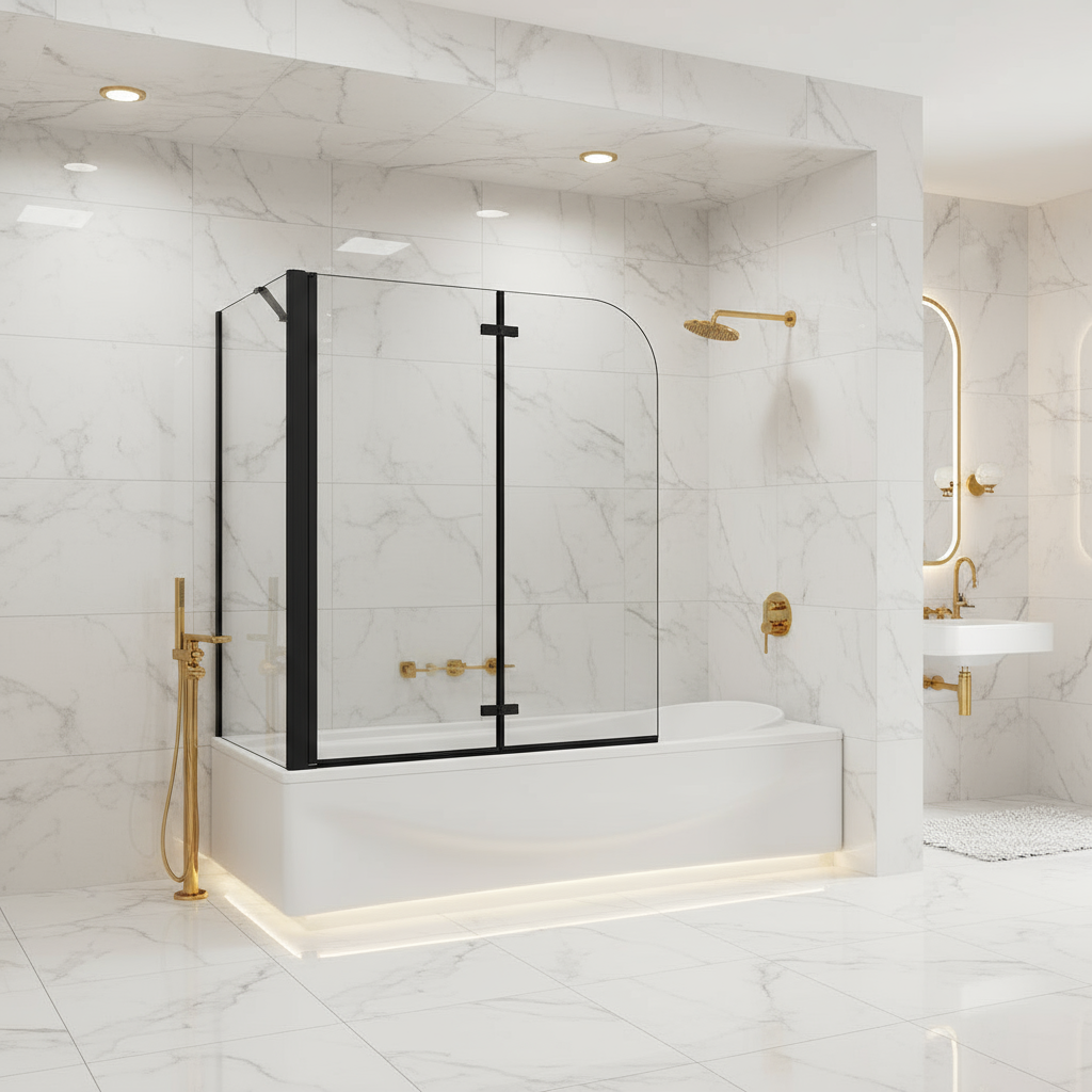 Badewannenaufsatz 2-tlg. Faltwand Duschwand 180° drehbar - Nano Glas Duschabtrennung H.140 cm mit Seitenwand – Schwarz – Sam Badelement