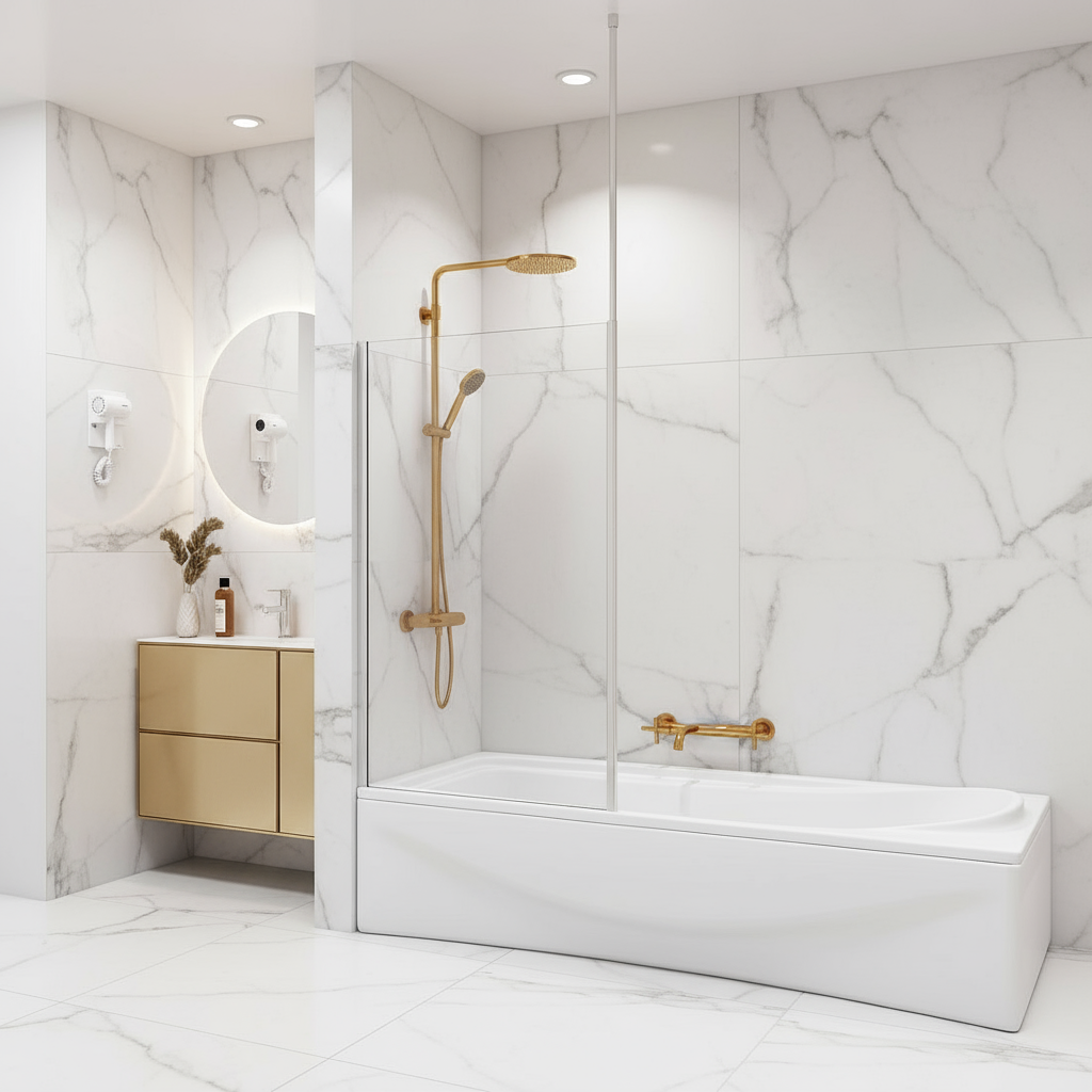 Badewannenaufsatz B.70–80 cm x H.140 cm - Duschtrennwand mit Deckenstrebe  6 mm ESG NANO Glas Feststehend – Sam Badelemente