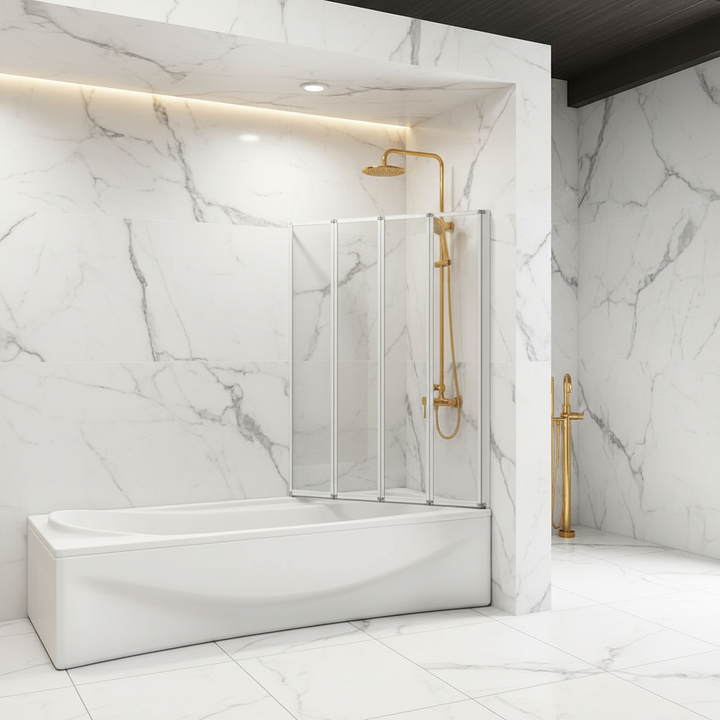 Badewannenaufsatz 4-tlg. Faltwand Duschwand 180° drehbar - Glas Duschabtrennung H.140 cm – Mattgrau – Sam Badelemente