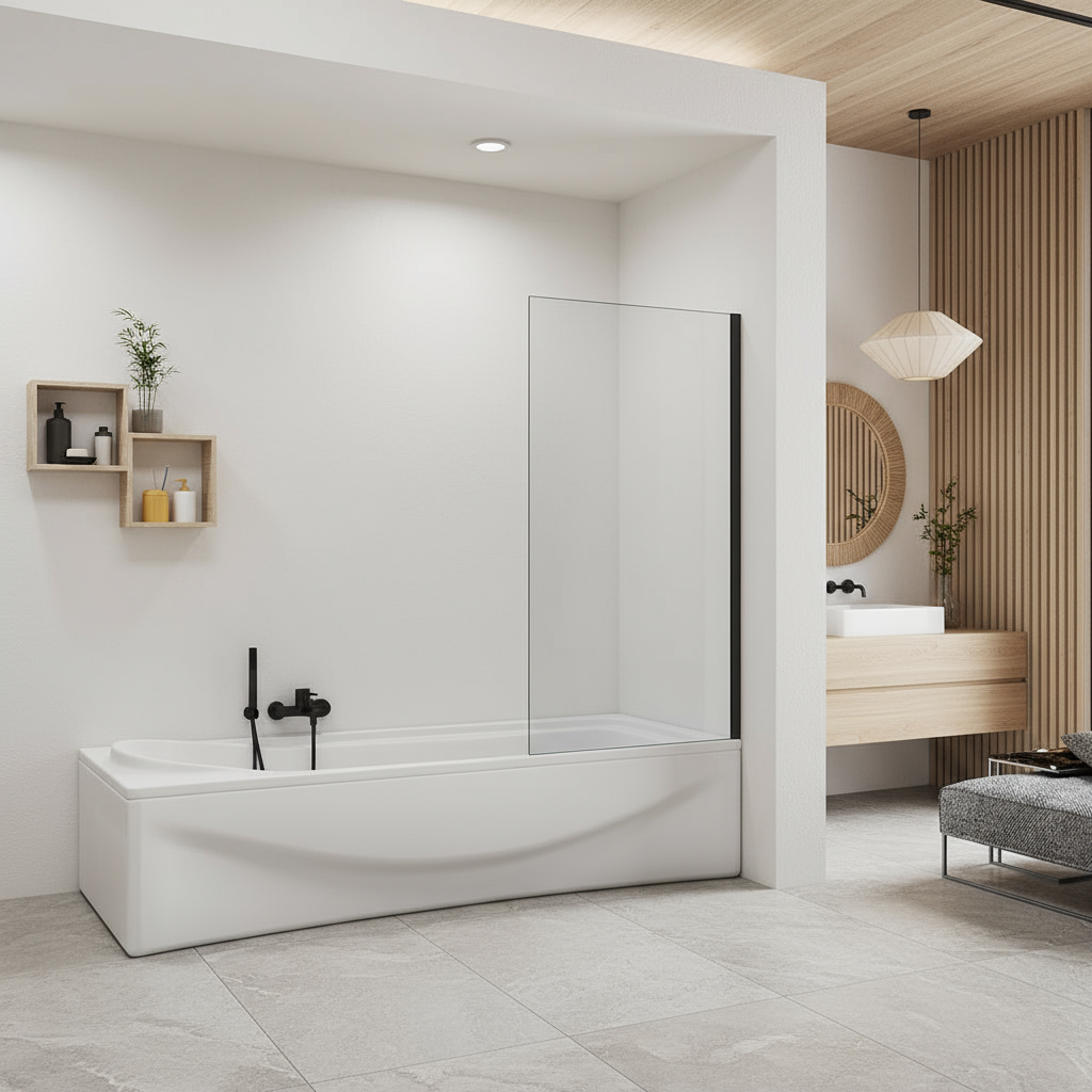 Badewannenaufsatz B.70–80 cm x H.140 cm - Feststehende Duschwand - 6 mm ESG NANO Glas Schwarz – Sam Badelemente