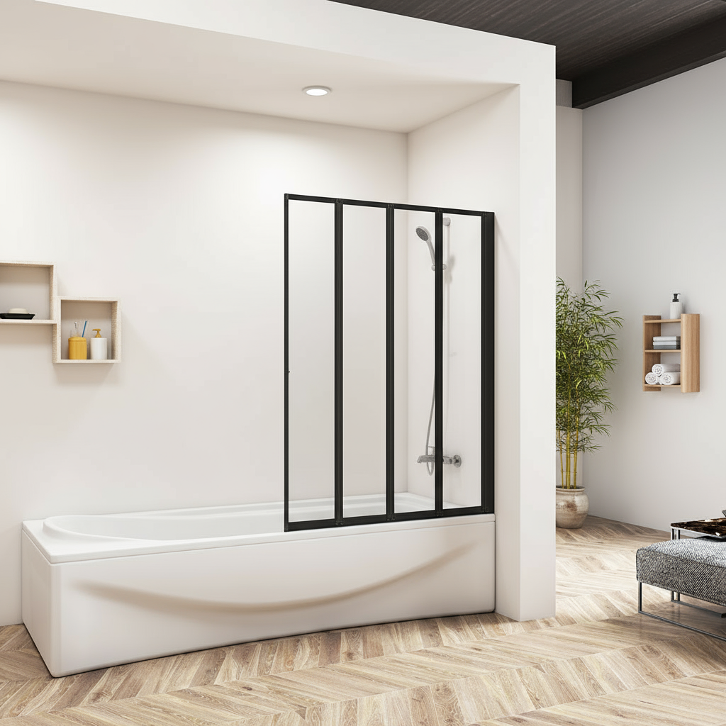 Badewannenaufsatz 4-tlg. Faltwand Duschwand 180° drehbar - ESG Glas Duschabtrennung H.140 cm – Schwarz – Sam Badelemente