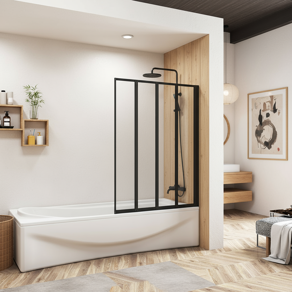 Badewannenaufsatz 4-tlg. Faltwand Duschwand 180° drehbar - ESG Glas Duschabtrennung H.140 cm – Schwarz – Sam Badelemente