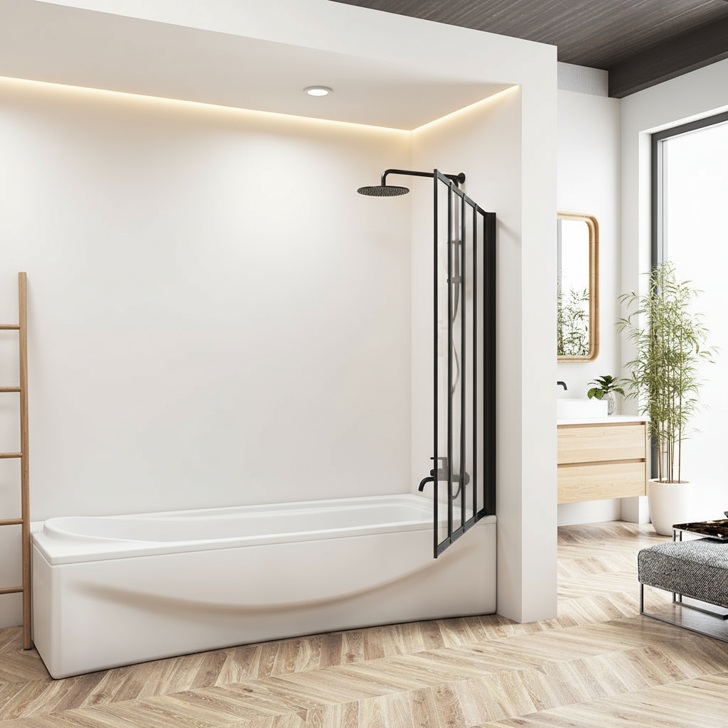 Badewannenaufsatz 4-tlg. Faltwand Duschwand 180° drehbar - ESG Glas Duschabtrennung H.140 cm – Schwarz – Sam Badelemente