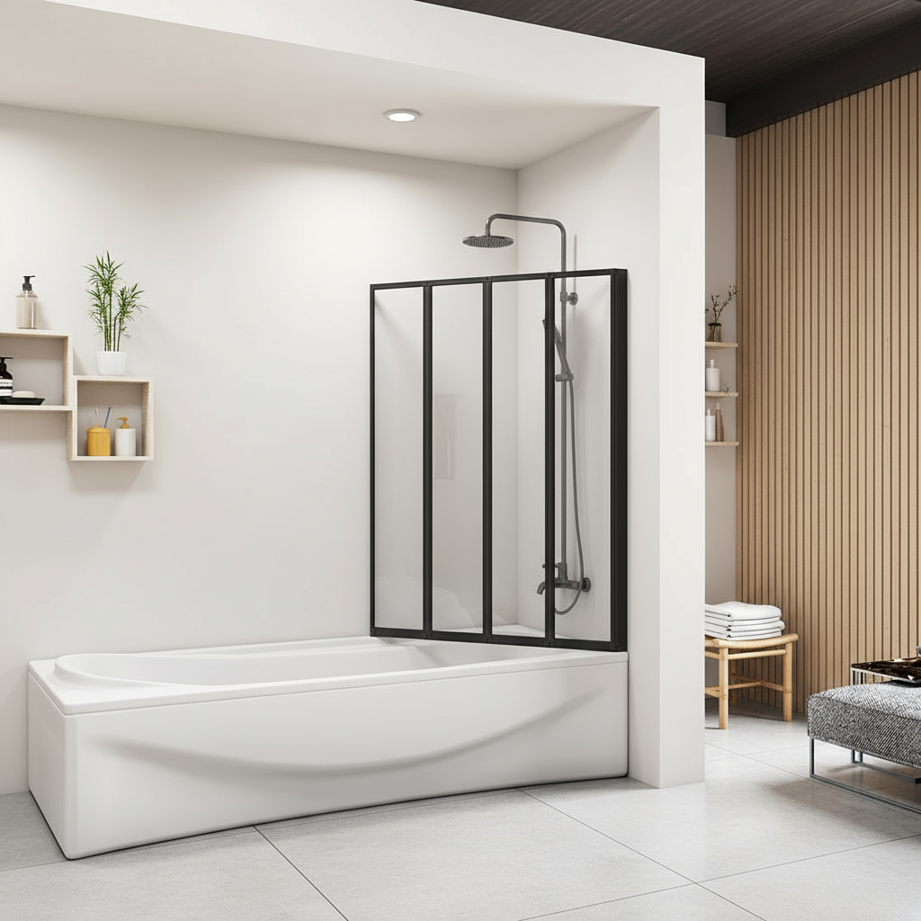 Badewannenaufsatz 4-tlg. Faltwand Duschwand 180° drehbar - ESG Glas Duschabtrennung H.140 cm – Schwarz – Sam Badelemente