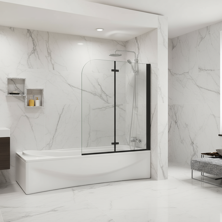 Badewannenaufsatz 2-tlg. Faltwand Duschwand 180° drehbar - Nano Glas Duschabtrennung H.140 cm – Schwarz – Sam Badelemente