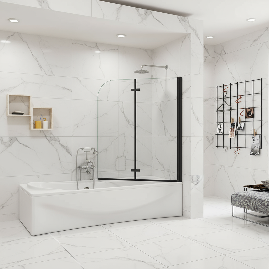 Badewannenaufsatz 2-tlg. Faltwand Duschwand 180° drehbar - Nano Glas Duschabtrennung H.140 cm – Schwarz – Sam Badelemente