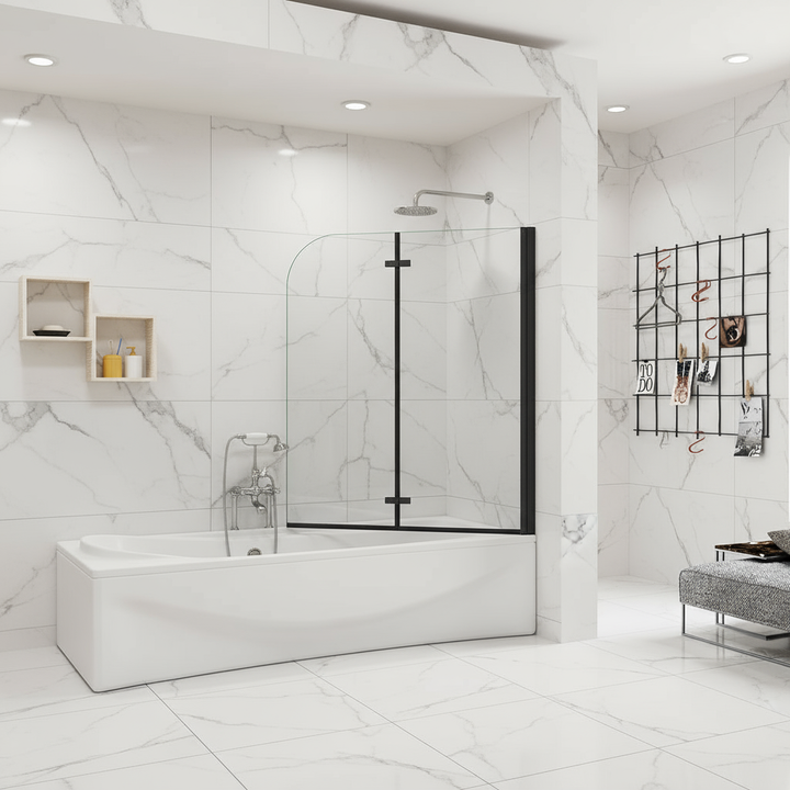 Badewannenaufsatz 2-tlg. Faltwand Duschwand 180° drehbar - Nano Glas Duschabtrennung H.140 cm – Schwarz – Sam Badelemente