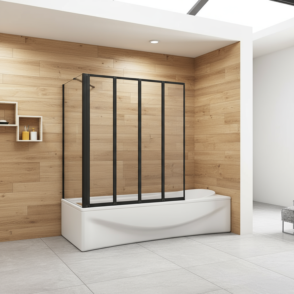 Badewannenaufsatz 4-tlg. Faltwand Duschwand drehbar - Duschabtrennung H.140 cm mit Seitenwand – Schwarz – Sam Badelemente