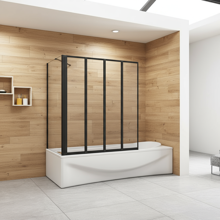 Badewannenaufsatz 4-tlg. Faltwand Duschwand drehbar - Duschabtrennung H.140 cm mit Seitenwand – Schwarz – Sam Badelemente