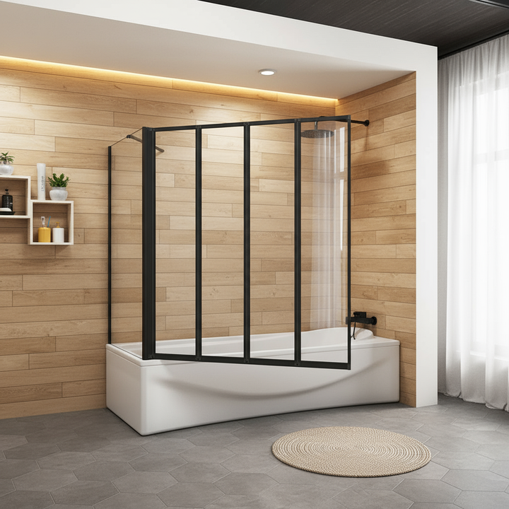 Badewannenaufsatz 4-tlg. Faltwand Duschwand drehbar - Duschabtrennung H.140 cm mit Seitenwand – Schwarz – Sam Badelemente