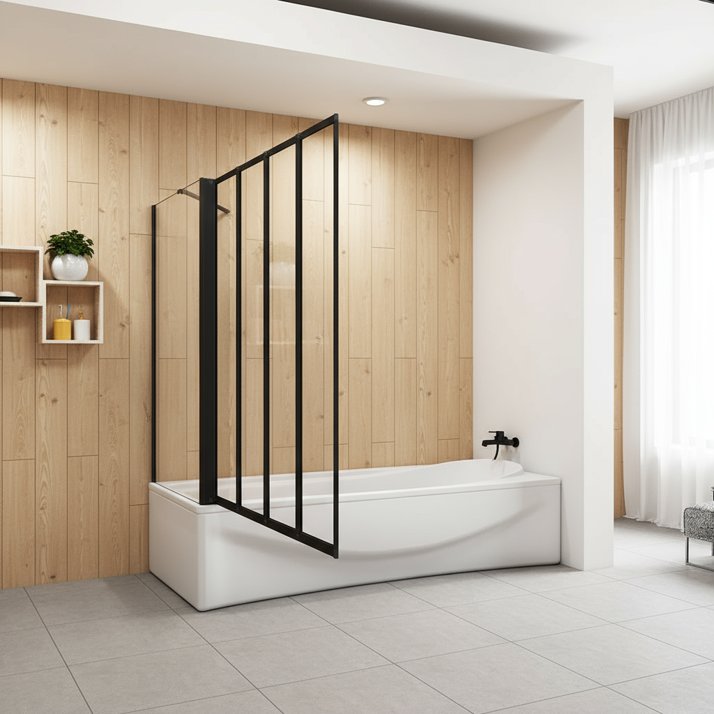 Badewannenaufsatz 4-tlg. Faltwand Duschwand drehbar - Duschabtrennung H.140 cm mit Seitenwand – Schwarz – Sam Badelemente
