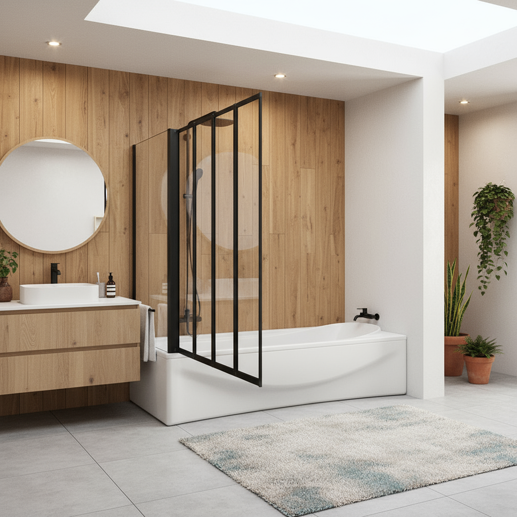 Badewannenaufsatz 4-tlg. Faltwand Duschwand drehbar - Duschabtrennung H.140 cm mit Seitenwand – Schwarz – Sam Badelemente