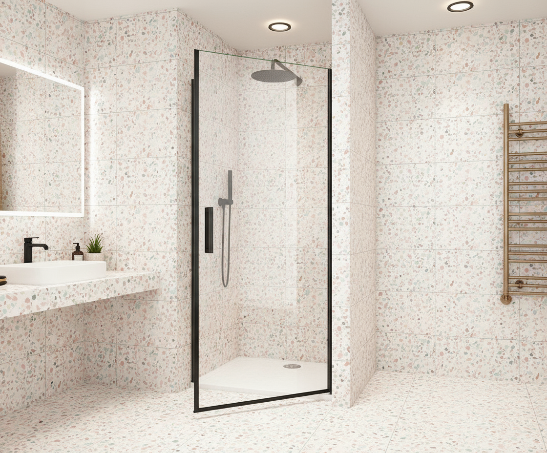 Nischentür 80/90/100 x 200 cm | Pendeltür/Schwingtür in Schwarz, 8mm ESG-NANO-Glas Duschabtrennung