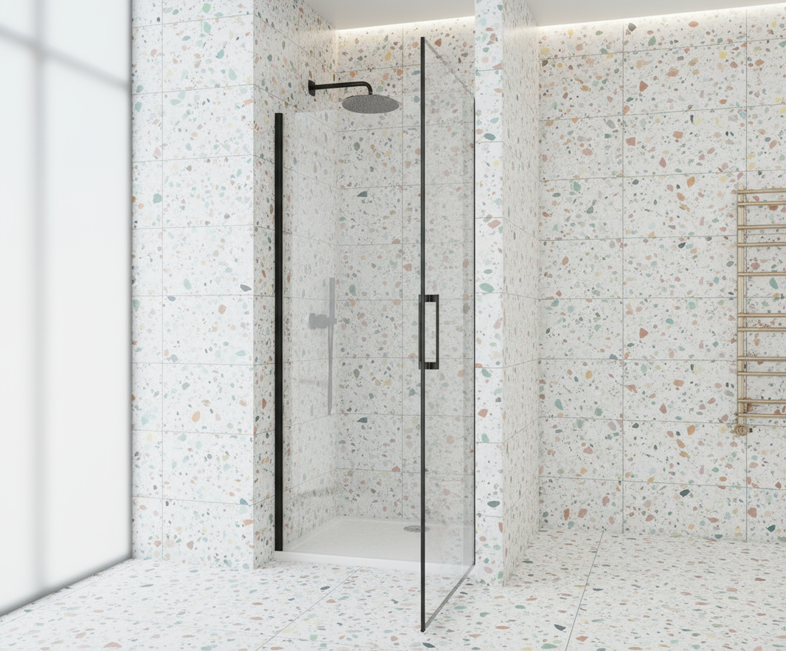 Nischentür 80/90/100 x 200 cm | Pendeltür/Schwingtür in Schwarz, 8mm ESG-NANO-Glas Duschabtrennung