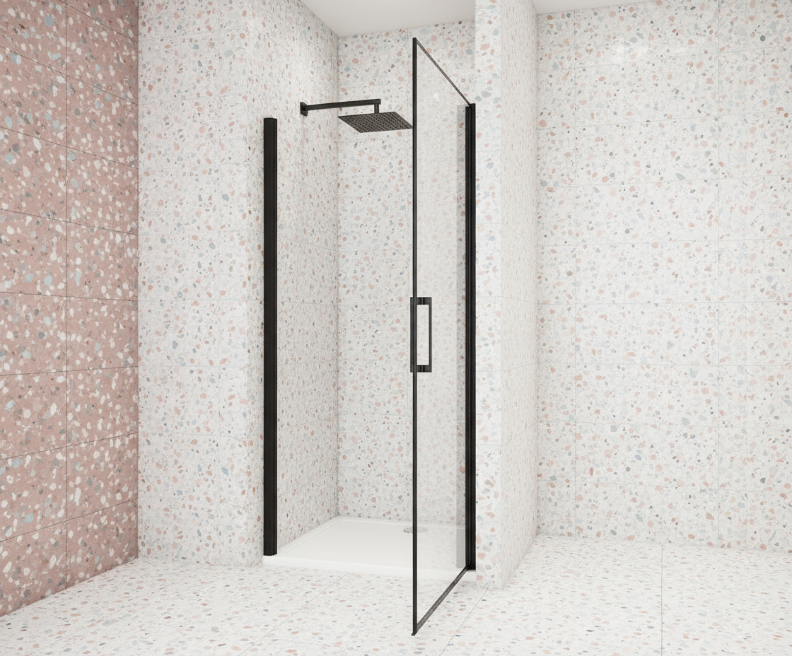 Nischentür 80/90/100 x 200 cm | Pendeltür/Schwingtür in Schwarz, 8mm ESG-NANO-Glas Duschabtrennung