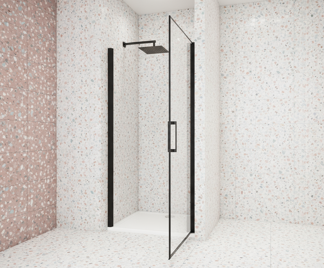 Nischentür 80/90/100 x 200 cm | Pendeltür/Schwingtür in Schwarz, 8mm ESG-NANO-Glas Duschabtrennung