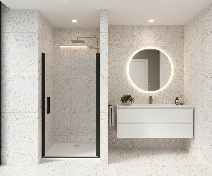 Nischentür 80/90/100 x 200 cm | Pendeltür/Schwingtür in Schwarz, 8mm ESG-NANO-Glas Duschabtrennung