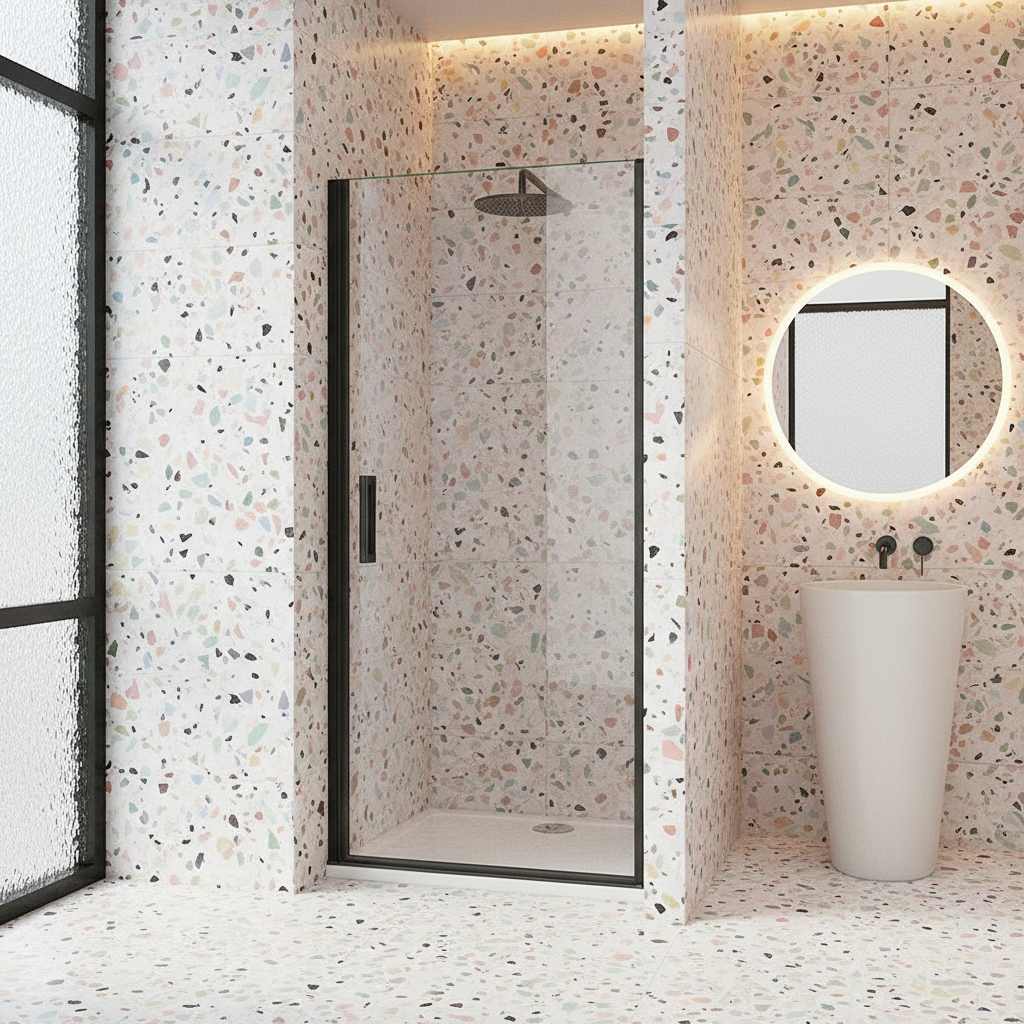 Nischentür 80/90/100 x 200 cm | Pendeltür/Schwingtür in Schwarz, 8mm ESG-NANO-Glas Duschabtrennung