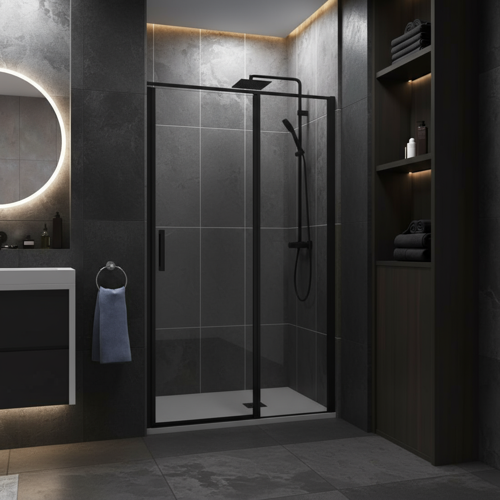 Nischentür Dusche Schwarz 80–120 cm | Drehtür Duschabtrennung, Höhe 185 cm, 6mm NANO-Glas Duschwand