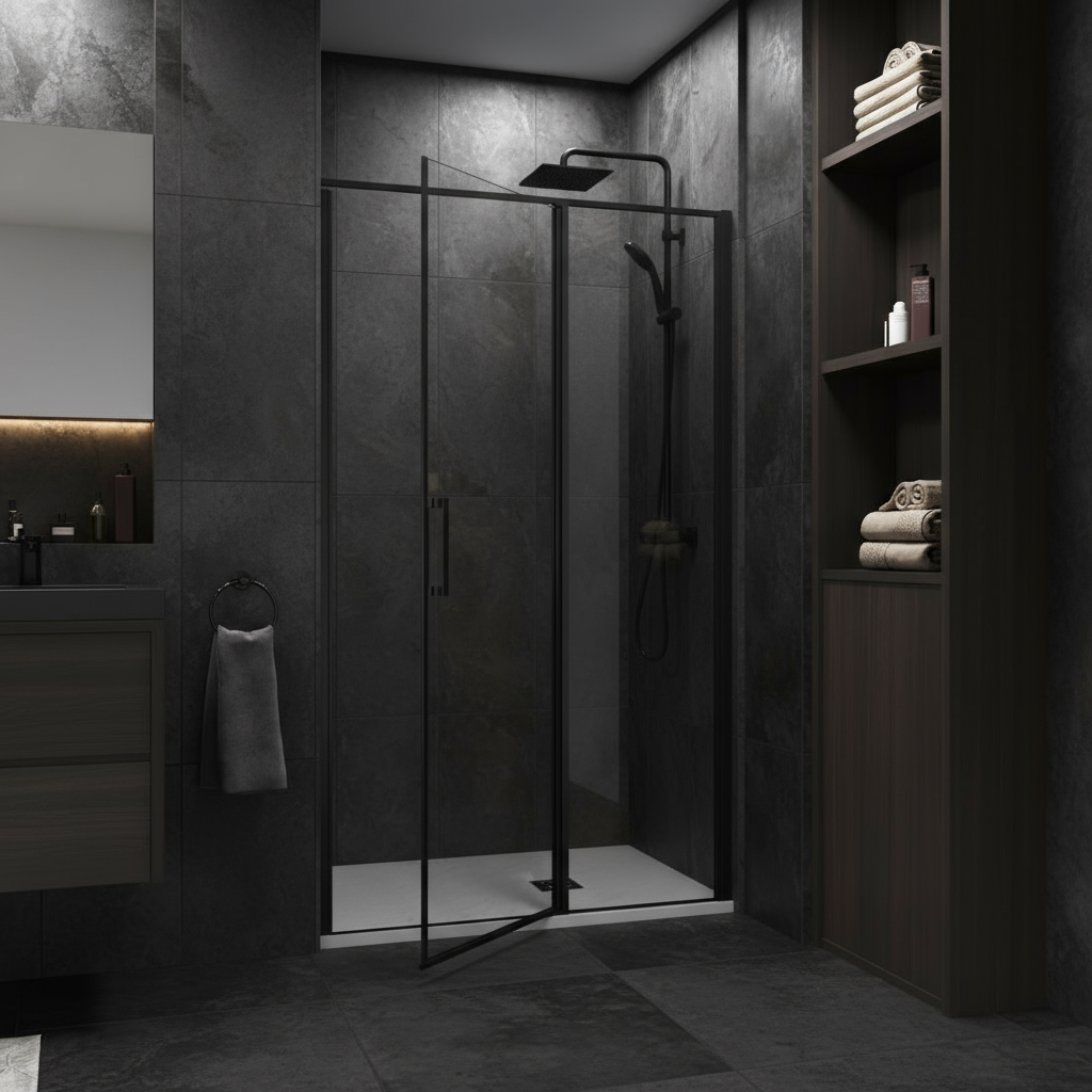 Nischentür Dusche Schwarz 80–120 cm | Drehtür Duschabtrennung, Höhe 185 cm, 6mm NANO-Glas Duschwand