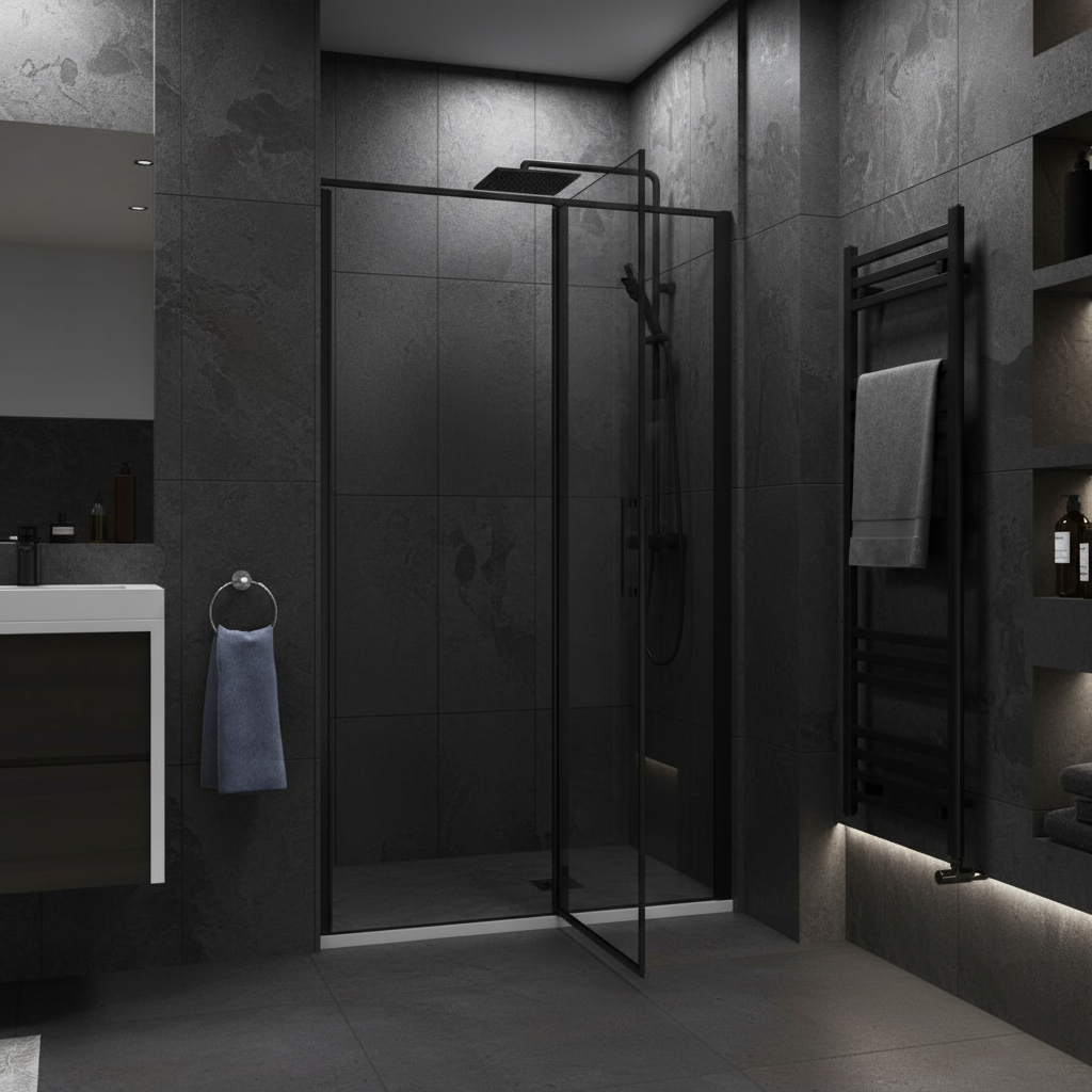 Nischentür Dusche Schwarz 80–120 cm | Drehtür Duschabtrennung, Höhe 185 cm, 6mm NANO-Glas Duschwand