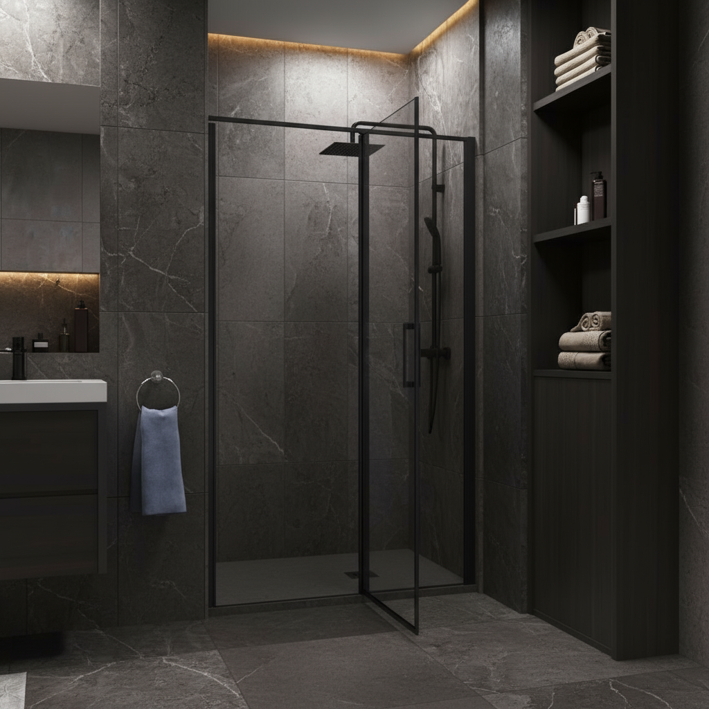 Nischentür Dusche Schwarz 80–120 cm | Drehtür Duschabtrennung, Höhe 185 cm, 6mm NANO-Glas Duschwand