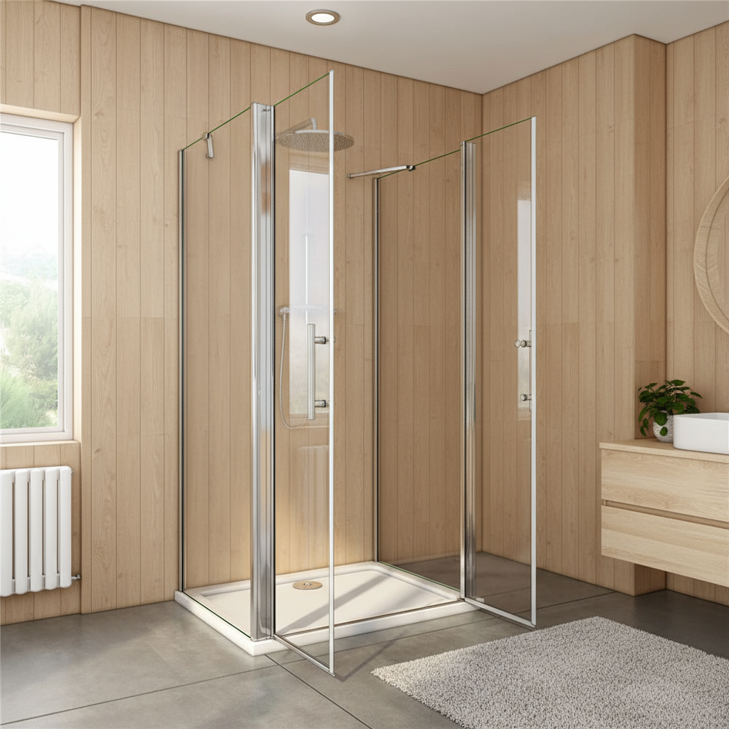 U-Form Duschkabine 70–140 cm, Höhe 195 cm | Drehtür, 8mm ESG Echtglas, Nano-Beschichtung