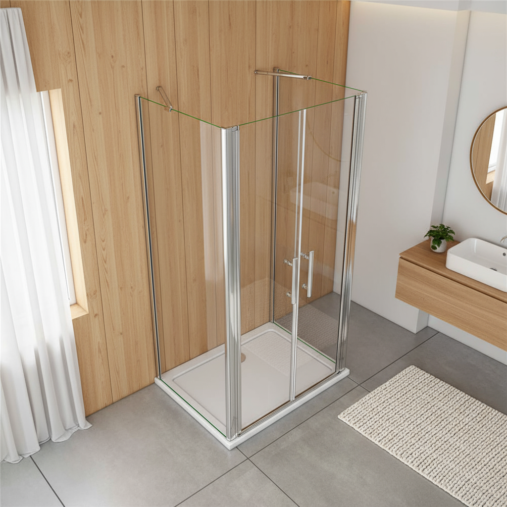 U-Form Duschkabine 70–140 cm, Höhe 195 cm | Drehtür, 8mm ESG Echtglas, Nano-Beschichtung